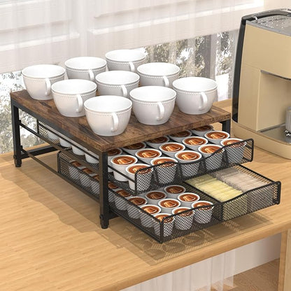 VyGrow Coffee Pod Holder For Counter, Wooden K Cup Holder with Double Layer Sliding Drawer, Large Capacity Coffee Pod Storage for Coffee Station, Home, Office, Kitchen