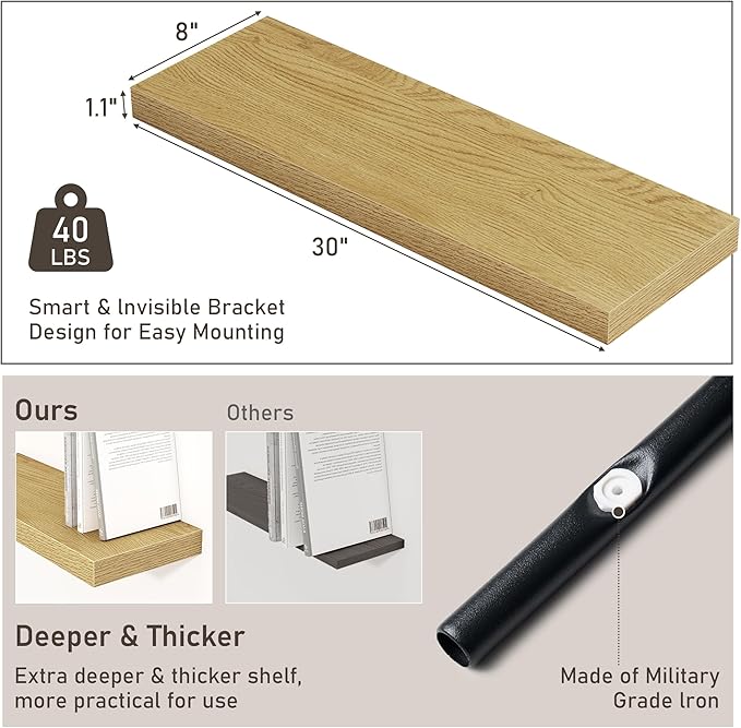 Fun Memories Floating Shelves - 2 Pack 30 Inch Long Rustic Wooden Wall Shelves - 8 Inch Deep Wall Mounted Storage Shelf with Invisible Heavy-Duty Brackets for Books, Bathroom, Kitchen - Oak