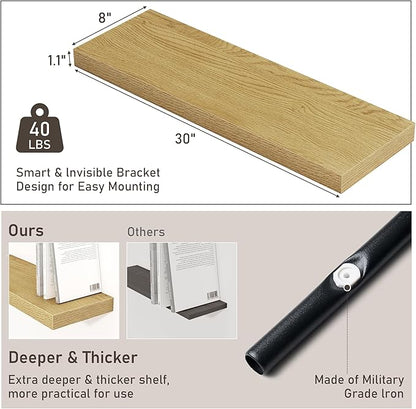 Fun Memories Floating Shelves - 2 Pack 30 Inch Long Rustic Wooden Wall Shelves - 8 Inch Deep Wall Mounted Storage Shelf with Invisible Heavy-Duty Brackets for Books, Bathroom, Kitchen - Oak