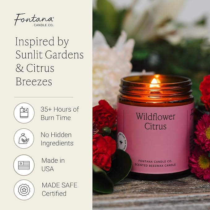 Fontana Candle Co Wood Wick Beeswax Jar Candles, Wildflower Citrus - Made with Coconut Oil & Pure Essential Oils – Clean Burn, Long Lasting and Non-Toxic Candles for Home & Room Decor