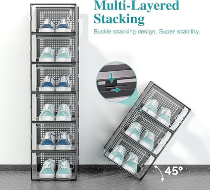 Kuject 12 Pack Large Shoe Boxes, Clear Stackable Containers with Lids,Black | Shoe organizers for closet & entryway, under-bed,Drop-front design fits women's size 10
