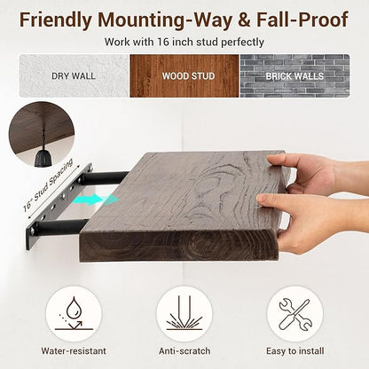 fuqing Solid Elm Wood Floating Shelves for Wall - 36 Inch Wide x 9 Inch Deep Rustic Live Edge Floating Shelves Wall Mounted - Natural Wooden Shelves with Upgraded Heavy Duty Brackets and Anchors