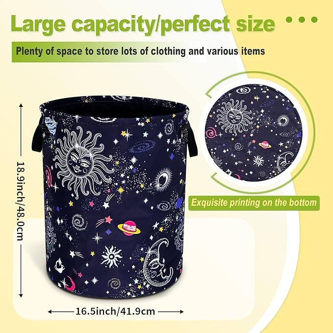 Sun Moon Galaxy Laundry Basket Funny Cosmic Foldable Waterproof Oxford Cloth Tote Bag Laundry Hamper Round Large Clothes Storage Bucket Toy Organizer For Bathroom/Laundry Storage/Bedroom 18.9x16.5 In