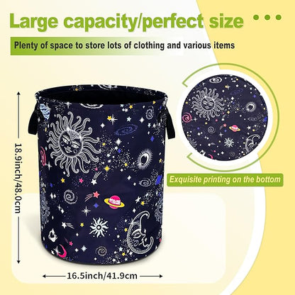 Sun Moon Galaxy Laundry Basket Funny Cosmic Foldable Waterproof Oxford Cloth Tote Bag Laundry Hamper Round Large Clothes Storage Bucket Toy Organizer For Bathroom/Laundry Storage/Bedroom 18.9x16.5 In
