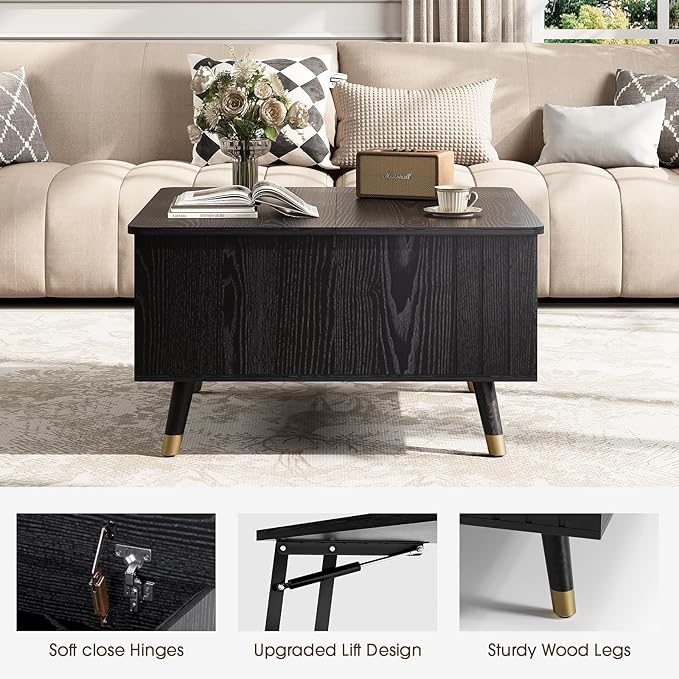 SULIVES Lift Top Coffee Table with Storage,Square Coffee Table with Lifting Top,Modern Center Table with Solid Wood Legs,Small Coffee Tables for Living Room,Black