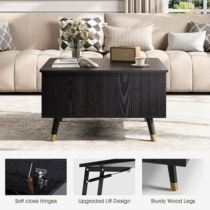 SULIVES Lift Top Coffee Table with Storage,Square Coffee Table with Lifting Top,Modern Center Table with Solid Wood Legs,Small Coffee Tables for Living Room,Black
