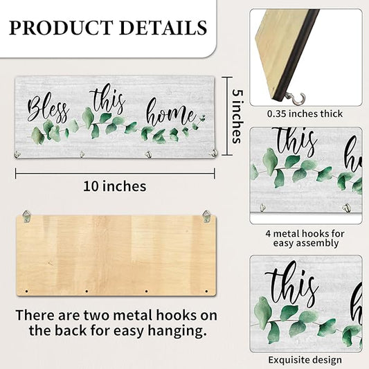 Bless This Home Wooden Key Holder for Wall - 5"x10" Key Organizer Hanger with 4 Hooks for Front Door Hallway Entryway Kitchen - Home Office Decor & Housewarming Gifts Supplies - A01