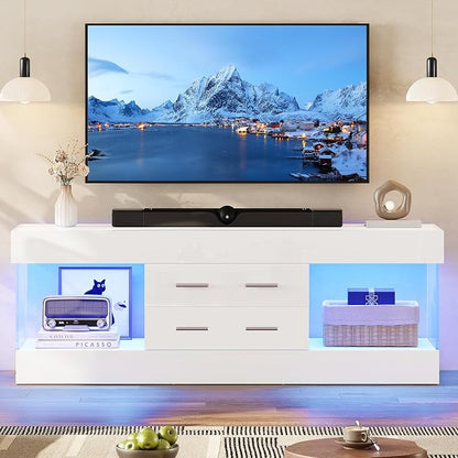 Bestier Modern 60 Inch TV Stand for 65/60/55+ TV, High Gloss White Entertainment Center with 2 Drawers & LED Lights, Stone-Pattern Side Panels TV Consoles for Living Room, Bedroom