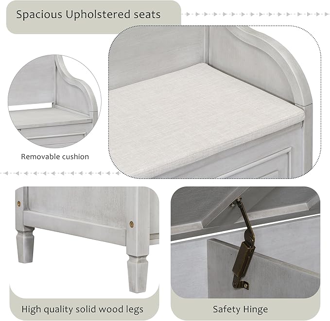 Bellemave Storage Bench with Safety Hinge Wooden Entryway Benches with Shoe Cabinets Under Seat Multifunctional Storage Bench for Entryway, Foyer or a Mudroom (Grey Wash + Beige)