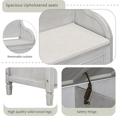 Bellemave Storage Bench with Safety Hinge Wooden Entryway Benches with Shoe Cabinets Under Seat Multifunctional Storage Bench for Entryway, Foyer or a Mudroom (Grey Wash + Beige)