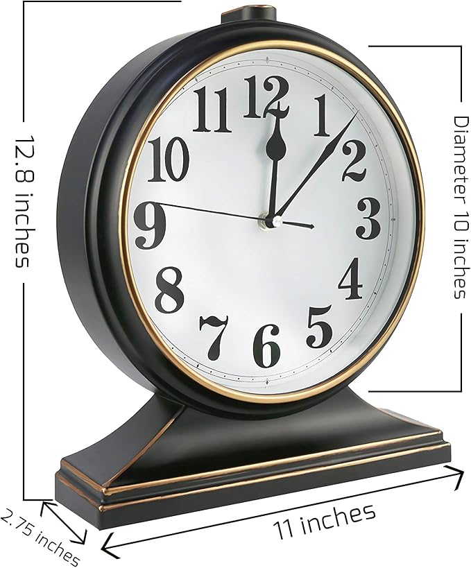Silent Desk Clock - European Style Retro Clock with 10 Inch Dial, Easy to Read for Living Room or Bedroom