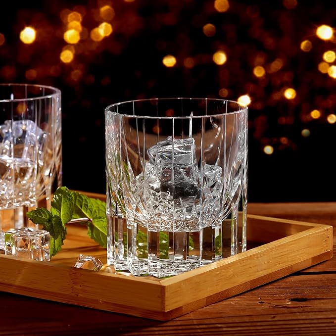 Lovelalty K9 Crystal Whiskey Glass Wooden Cup Mat Set 8.5oz Hand Engraving Asterism Kaleidoscope Pattern Old Fashioned Glass Wineglass Whisky Rock Glass