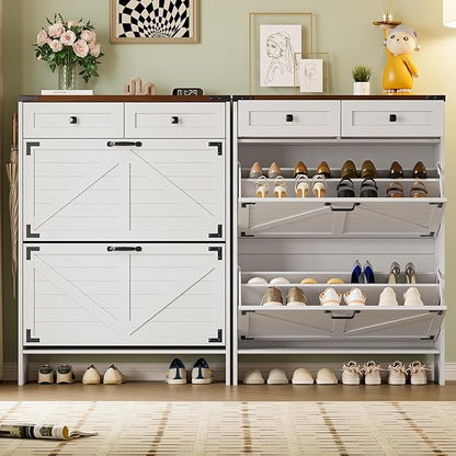 Shoe Cabinet with Odor Control Deodorizer and Back Panel, Farmhouse Narrow Shoe Storage Cabinet Rack for Entryway with 2 Flip Drawers and 2 Top Drawers, Adjustable Shelves, Side Hooks