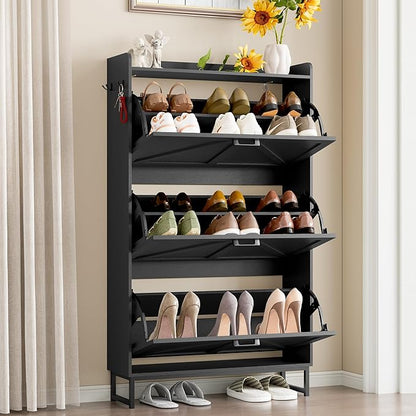 Shoe Cabinet with 3 Flip Drawers Narrow Shoe Storage Cabinet Organizer Wooden Freestanding Shoe Rack Hidden Slim Shoes Storage Cabinet for Entryway, Hallway, Living Room, Bedroom