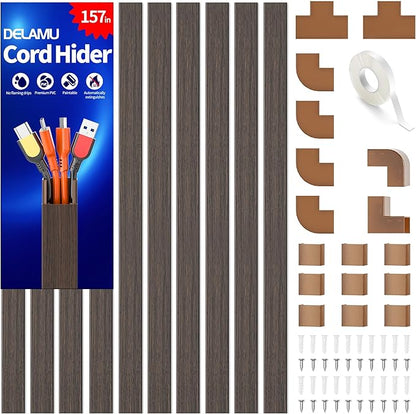 Delamu 157in Cord Hider Wall, TV Cable Hider Cord Covers for Wires on Wall, Large Cable Cover Raceway to Hide 2-4 Cords, Wire Hiders Wire Covers for Cords for TV on Walls, W1.18 H0.6in, Darkwood