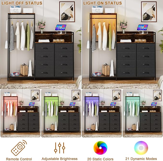 58" H Dresser for Bedroom with Hanging Rack,8 Drawers Freestanding Clothing Rack, Large Capacity Storage Organizer with USB Charging Station & LED Lights for Bedroom Dorm Room Apartment,Grey