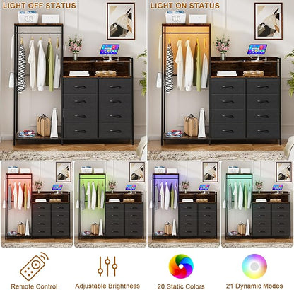 58" H Dresser for Bedroom with Hanging Rack,8 Drawers Freestanding Clothing Rack, Large Capacity Storage Organizer with USB Charging Station & LED Lights for Bedroom Dorm Room Apartment,Grey