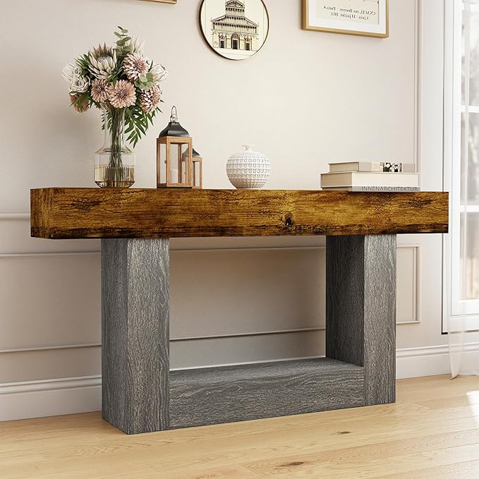 Spaco 63'' Long Console Table,2 Tier Farmhouse Entryway Table Sofa Table with Storage,Wood Behind Couch Table for Living Room, Hallway,Foyer (Rustic Brown w/Grey Leg)