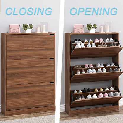 BORNOON Shoe Cabinet with 3 Flip Drawers, Slim Narrow Shoe Storage Cabinet, Freestanding Shoe Organizer with Adjustable & Removable Shelves, Top Display Shelf for Entryway, Hallway, Foyer, Closet