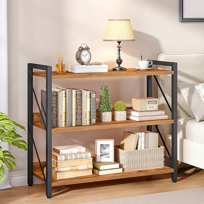 HOOBRO Bookshelf, 3-Tier Industrial Bookcase, Book Shelf Storage Organizer, Bookshelf with Metal Frame for Living Room, Bedroom, Home Office, Kitchen, Rustic Brown and Black BF718SJ01