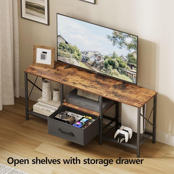 JARHETUN TV Stand with Fabric Drawer, Entertainment Center for 50 55 Inch TV, Industrial TV Console Table with Open Storage Shelves for Living Room, Bedroom, Rustic Brown