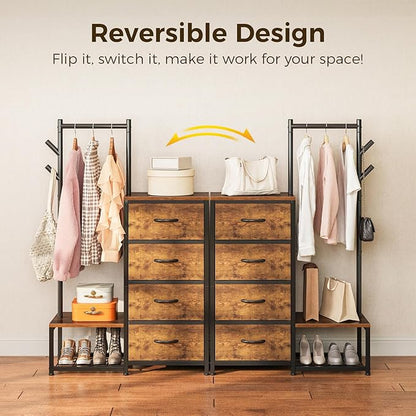 KKL Small Dresser for Bedroom with Clothes Hanging Rack, Reversible Bedroom Dresser with Shoe Rack & 4 Fabric Drawers, 3-in-1 Storage Chest of Drawers with Storage Shelves & Tree Hooks, Vintage