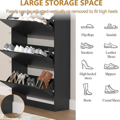 Tall Shoe Cabinet with Coat Rack, Hidden Shoe Storage Cabinet with Doors & Drawer, Hanging Bar & Hooks, Slim Narrow Freestanding Shoe Rack Organizer for Entryway, Hallway & Living Room, Black