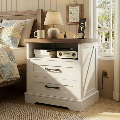 AODK 24 Inch Farmhouse Nightstand with Charging Station, Wood Bedside Table with 2 Drawers and Open Shelf, Rustic End Table with Outlet and USB, White & Dark Walnut