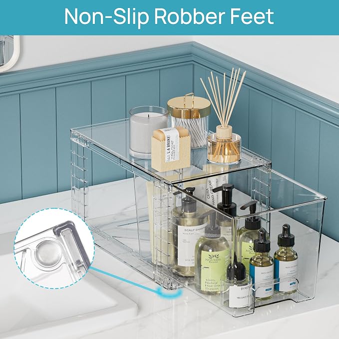 Vtopmart 3 Pack Clear Stackable Storage Drawers,Easy to Assemble Bathroom Organizers and Storage with handles,Plastic Drawers for Kitchen Pantry,Cabinet,Under Sink Organization