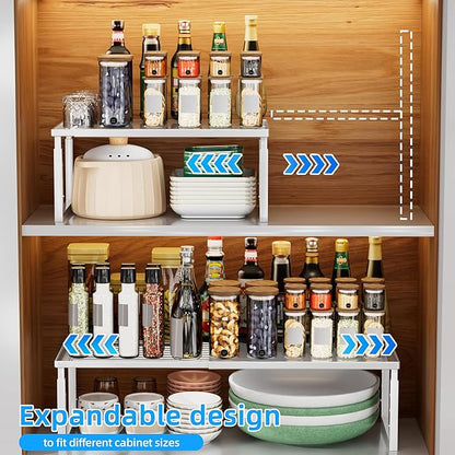 Shelf Organizer Stackable 2 Pack: Expandable (15.8"-25.5") Spice Rack Height Adjustable(6.2"/7.3"/8.5") Kitchen Organizer Countertop Metal Shelves for Pantry Storage White