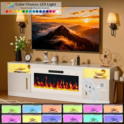 PRETZI Fireplace TV Stand with 36" Fireplace Up to 80" TVs,70" Entertainment Center with LED Lights,Remote Control,TV Media Console with Storage Cabinets for Living Room, White+White