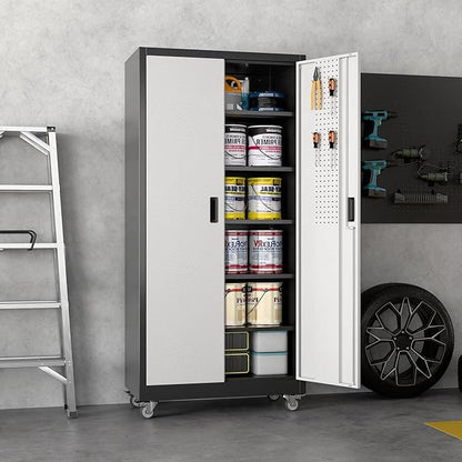 Aobabo Upgraded Garage Storage Cabinets with Wheels,Metal Storage Cabinets with 5 Adjustable Shelves for Garage Home Office Storage, Black&Silver,71''H*32''W*16''D,Assembly Required