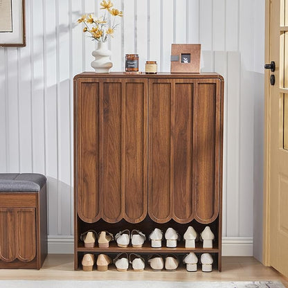 ORRD Shoe Storage Cabinet with Scalloped Doors, 5-Tier Wooden Shoe Cabinet with Adjustable Shelves, Shoes Rack Storage Organizer for Entryway, Hallway, Living Room, Walnut