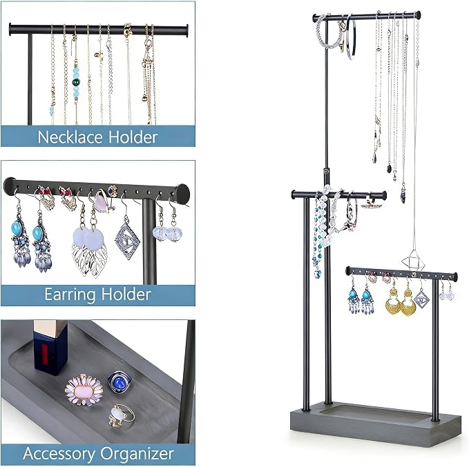 SRIWATANA Jewelry Organizer Display Extra Tall Necklace Holder 3 Tier Jewelry Tree Stand, Gift Idea (Weathered Grey & Black)
