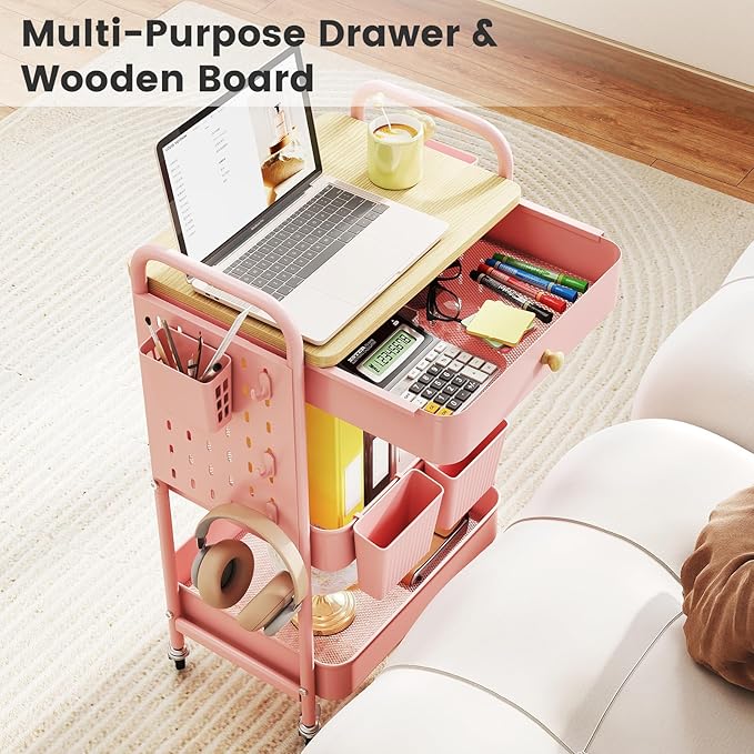 danpinera 3 Tier Rolling Cart, Metal Storage Cart with Drawer, Wooden Tabletop & DIY Pegboards, Utility Carts on Wheels with Hooks & Hanging Cups, Mobile Storage Organizer Trolley for Kitchen, Office