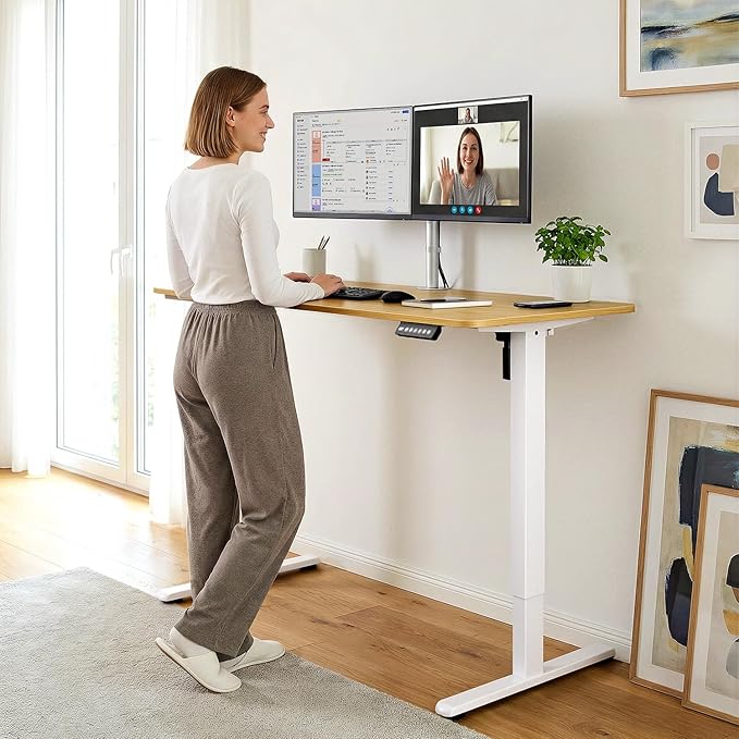 55" Electric Standing Desk Adjustable Height, Ergonomic Sit Stand Computer Desk for Home Office, Sturdy Motorized Workstation with Memory Controller & Timer, Oak