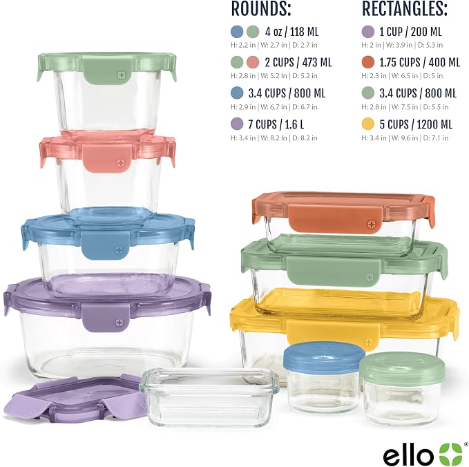 Ello Color Lock Glass Meal Prep Sets Leak-Proof Glass Food Storage Containers with Airtight BPA-Free Plastic Lids, Dishwasher, Microwave, and Freezer Safe