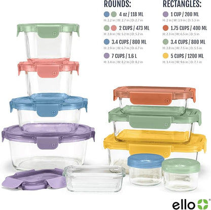 Ello Color Lock Glass Meal Prep Sets Leak-Proof Glass Food Storage Containers with Airtight BPA-Free Plastic Lids, Dishwasher, Microwave, and Freezer Safe