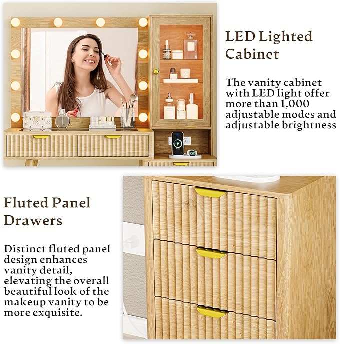 Vanity Desk with Mirror and Lights, 45" Fluted Makeup Vanity Desk with Lights &5 Drawers, Glass Top Vanitys with Lighted Mirror and RGB Cabinet, Dressing Table with Power Outlet for Bedroom, Oak