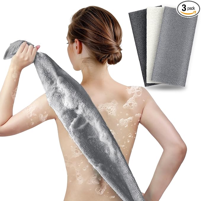 ARCH&M Exfoliating Washcloth, 3 Pack, Gray Black Off-White | Japanese Body Scrubber, Long Nylon Towel for Back, Korean Exfoliation, Daily Use, For Glowing Skin