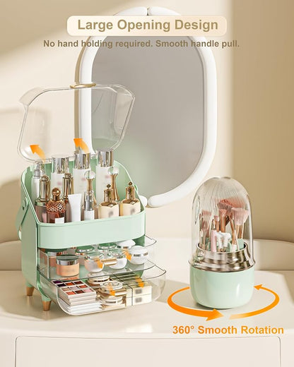 Makeup Organizer Countertop, Skincare Holder Bathroom Counter Organizer, Storage Box Cosmetic Display Cases, Teen Girl Gifts Make up Organizers (Green/Brush)