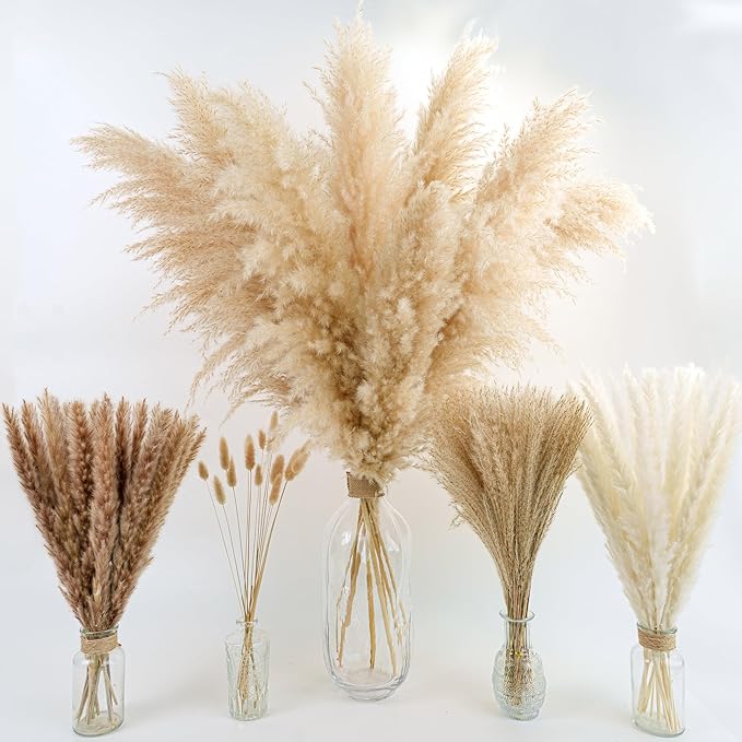 Decorative Tall Pampas Grass for Floor Vase – Premium Large Pampas Grass Decor Tall, 17"-40" Pampas Grass Stems, Dried Pampas Grass Decor Tall, Natural Pampas Grass with Beige Decor and Boho Feathers