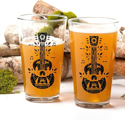 Pint Glasses with Nature Guitar - Set of 2 Beer Glasses by Black Lantern - 16oz. Drinking Glass Set