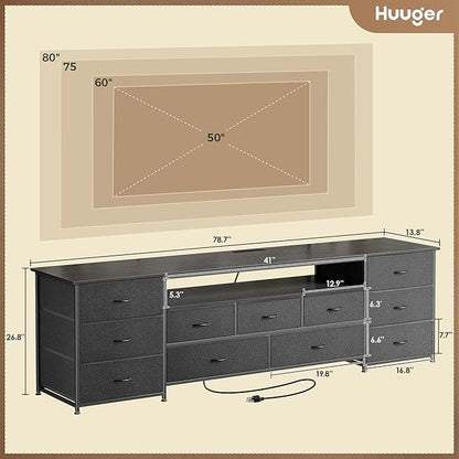 Huuger 78.7 Inch TV Stand for 75, 80 Inch TV, 11 Drawer Long Dresser with Power Outlets and LED Lights, Entertainment Center with Storage, Black Dresser with PU Leather Surface
