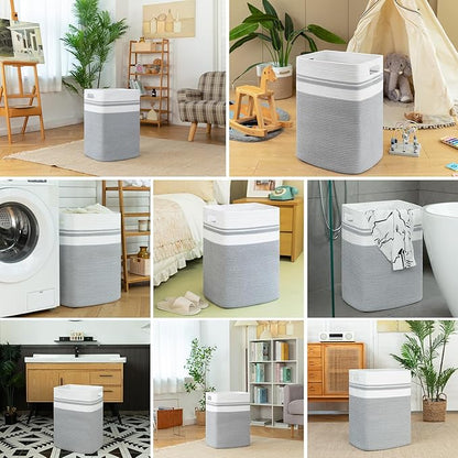 OIAHOMY 91L Laundry Hamper, XXXLarge Laundry Basket, Collapsible Cotton Rope Basket,Woven Storage Basket for Blankets,Clothes,Pillows-16x15x24-Grey