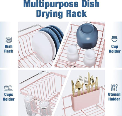 JASIWAY Pink Dish Drying Rack in Sink, Expandable Stainless Steel Dish Drainers for Kitchen Counter, Dish Dryer Rack for Inside Sink, Over The Sink Dish Racks with Utensil Holder