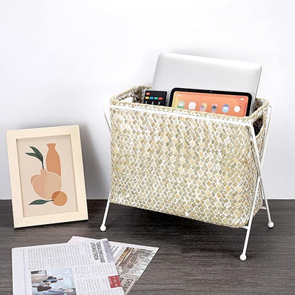 BTSKY Handwoven Magazine Holder, Natural Seagrass Magazine Basket with Metal Rack, Mail Holder Floor Organizer for Office, Living Room, Dorm, Bathroom, Woven Rattan File Basket with Handle (White)
