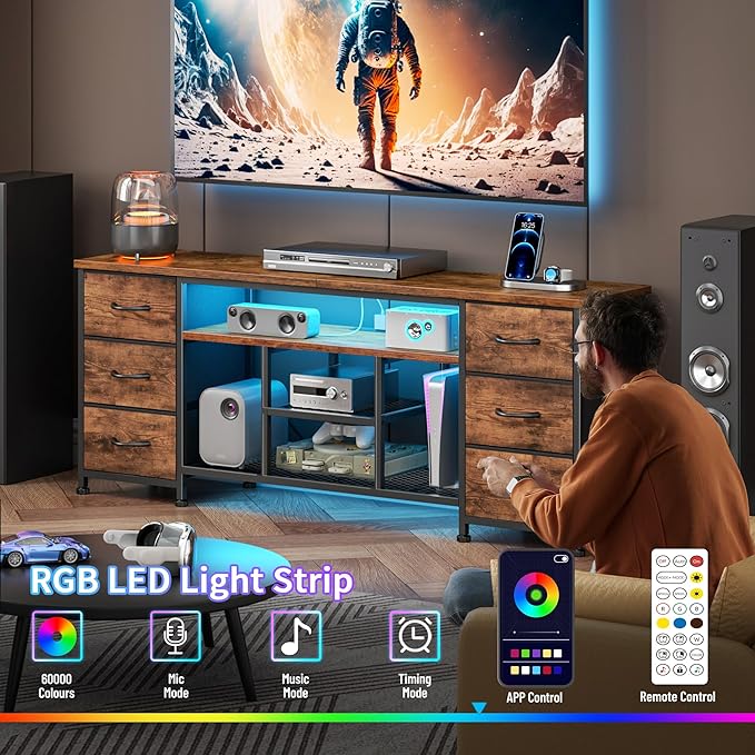 Furologee LED TV Stand for 55, 60 Inch TV, 55 Inch Entertainment Center with Power Outlets, 6 Drawers for Media Console with Open Shelves, Rustic Brown