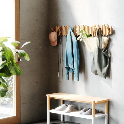 Umbra Picket Wall-Mounted Coat Rack Rail Hook with 5 Retractable Wood Pegs – Modern, Space-Saving Storage Organizer, Natural (Pack of 3)