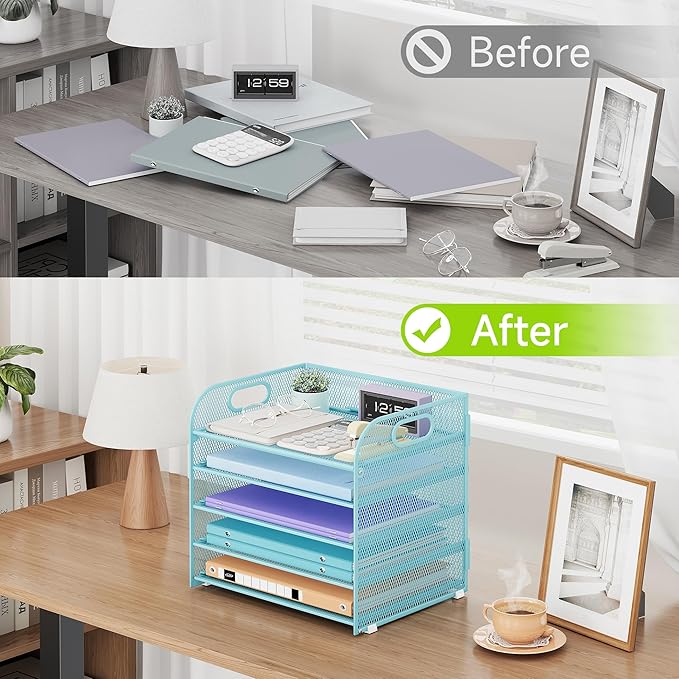 5 Tier Paper Organizer with Handle, Blue Metal Mesh Desk Organizer File Folder Paper Letter Tray Desktop Document Sorter for Classroom, School, Office Accessories Organization and Storage